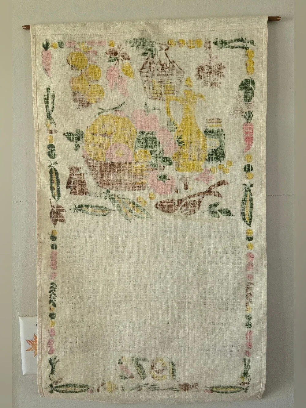 Vintage 1972 Calendar Linen Tea Towel w/ Rod to Hang Kitchen Veggies Theme